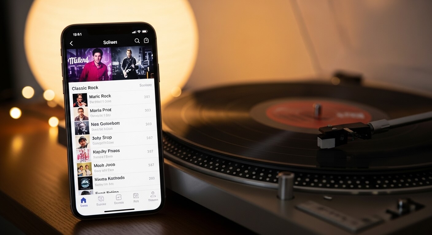 Smartphone displaying a classic rock playlist next to a spinning vinyl record on a turntable.