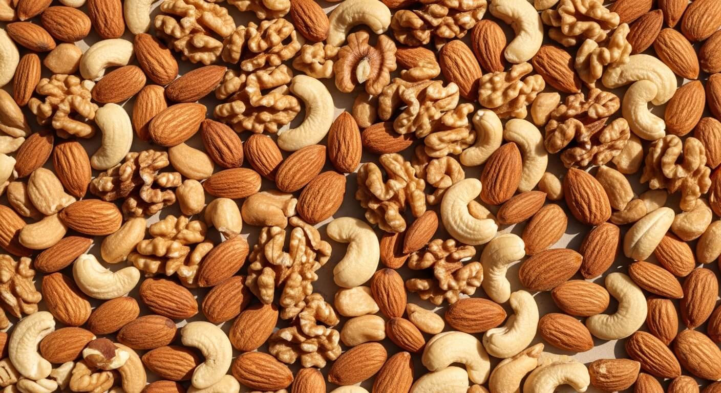 Mixed nuts including almonds, cashews, and walnuts scattered on a surface.