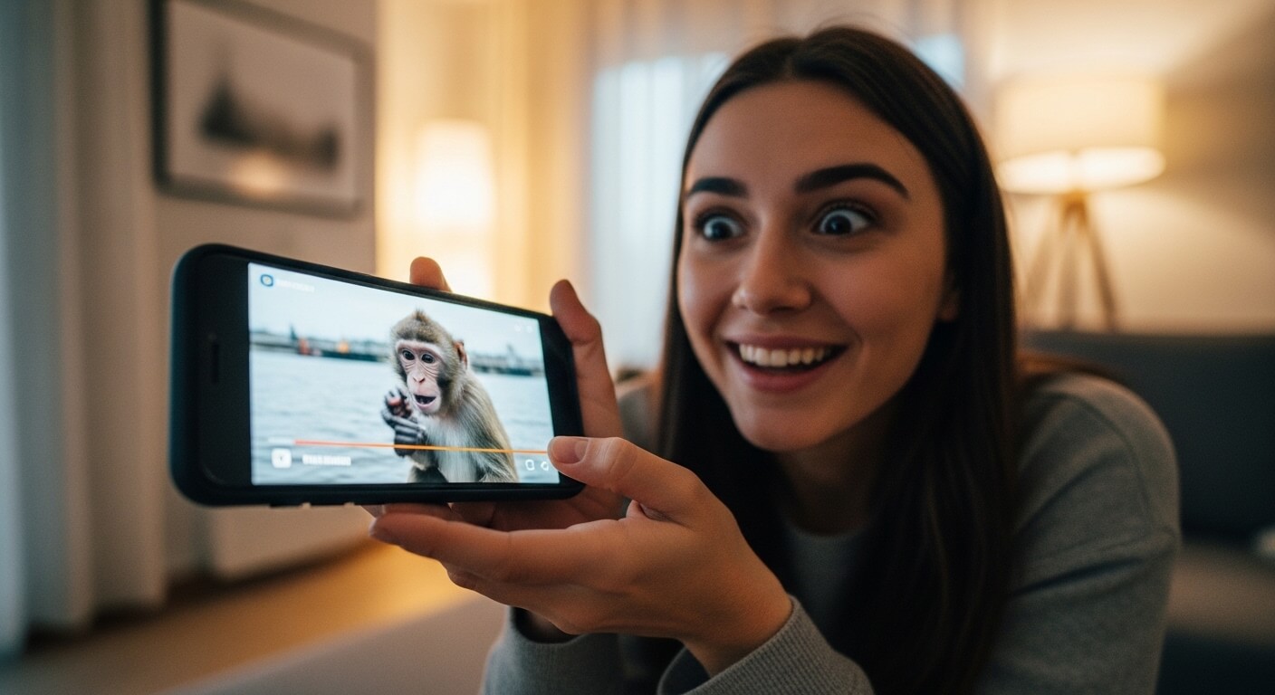 Woman smiling and holding a smartphone showing a video of a monkey by the water indoors