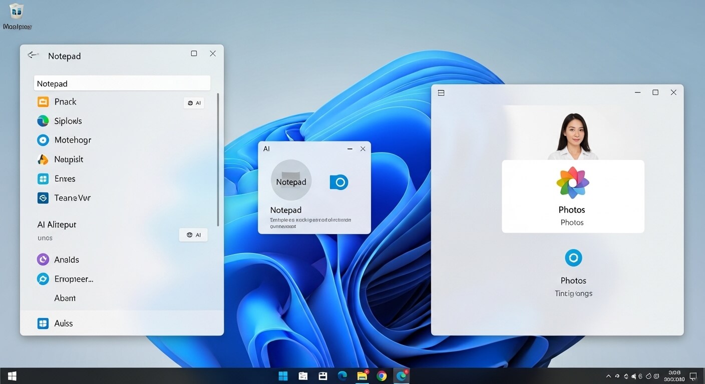Windows 11 desktop showing Notepad and Photos app windows with AI features and a woman’s photo in the Photos app.