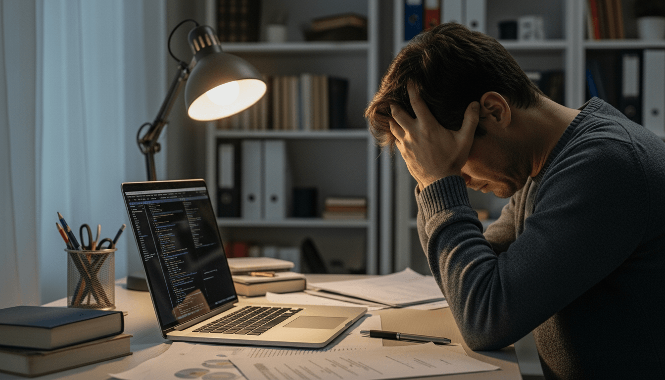 Man in gray sweater holding his head stressed while working on laptop with code at desk with books and papers