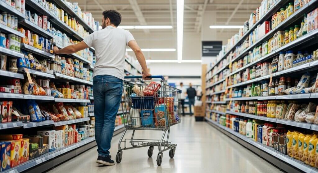 Man in white t-shirt and jeans pushing a shopping cart and reaching for products in a grocery store aisle