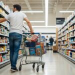 Man in white t-shirt and jeans pushing a shopping cart and reaching for products in a grocery store aisle