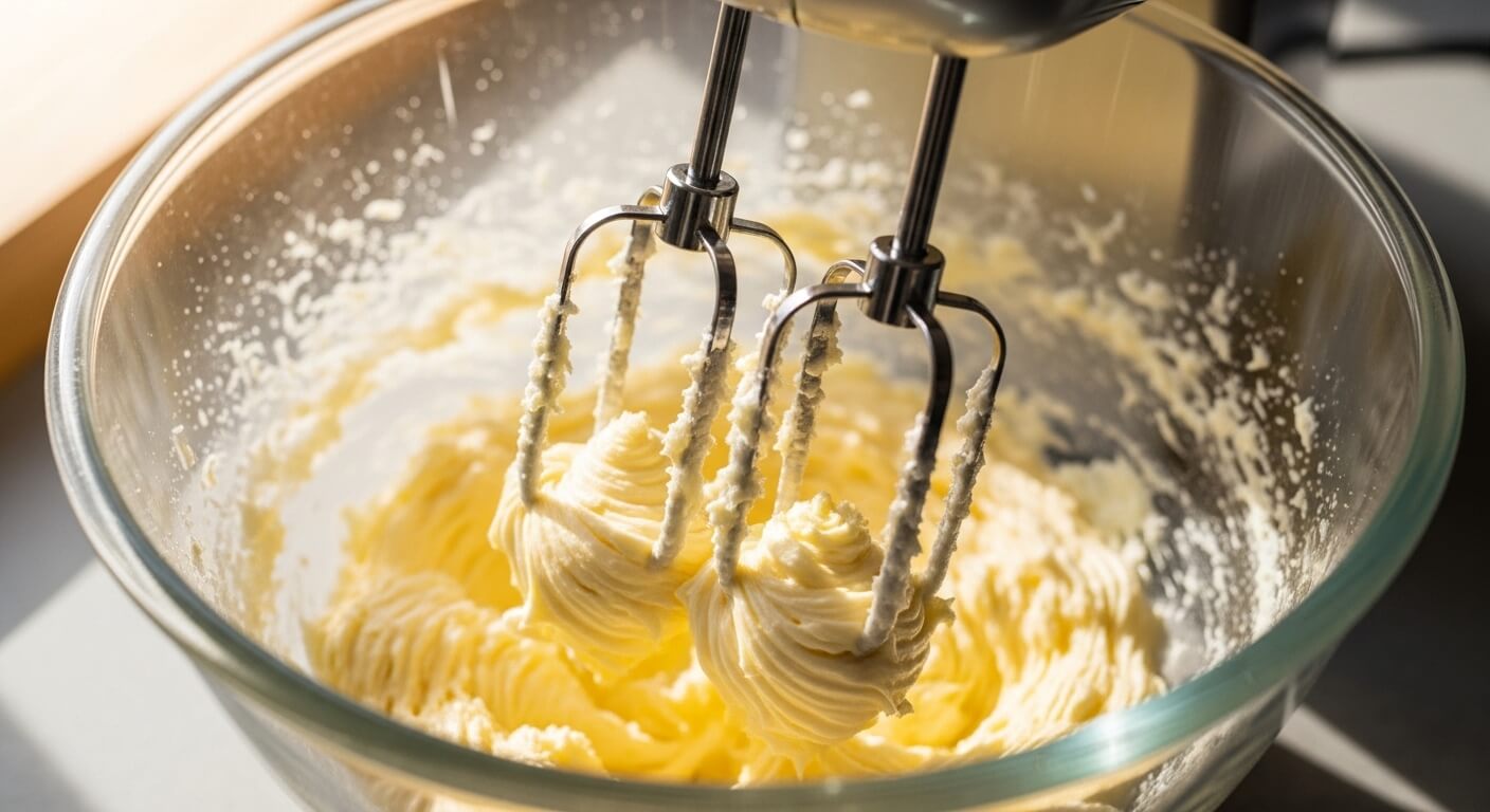 Electric beaters whipping creamy butter in a glass mixing bowl