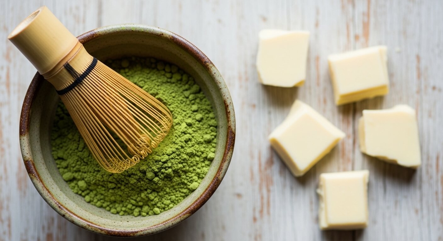 Bamboo whisk resting in a bowl of green matcha powder next to five pieces of white chocolate on a wooden surface