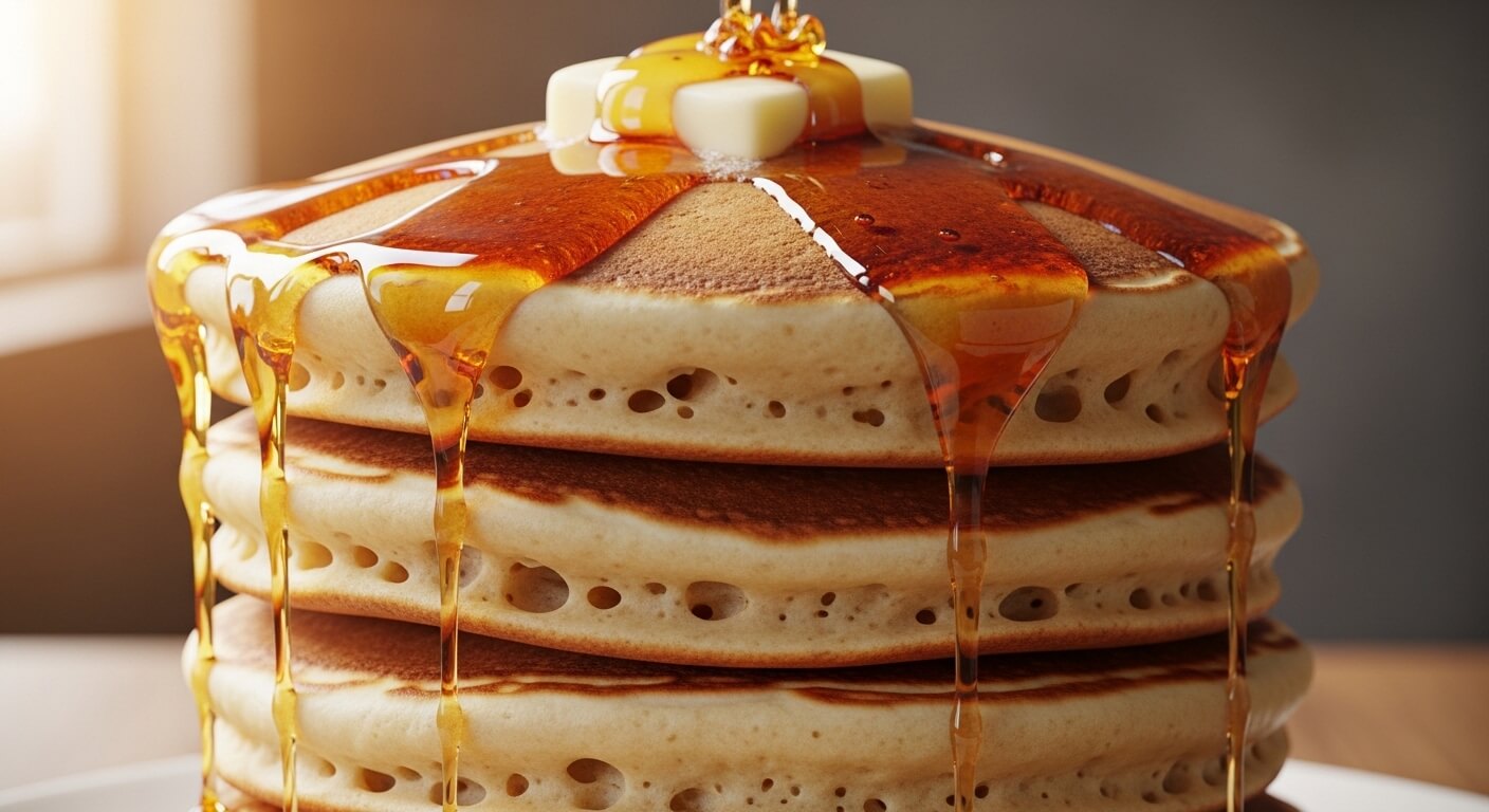 Stack of three pancakes topped with melting butter and maple syrup dripping down the sides