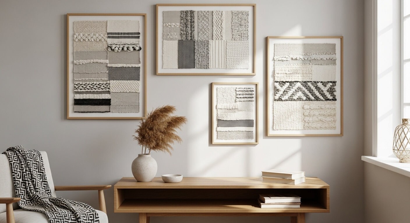 Neutral-toned woven textile wall art in wooden frames above a wooden console with dried pampas grass and books.