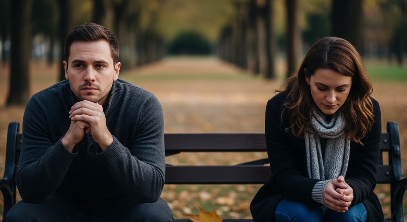 Man and woman sitting apart on a park bench looking upset and avoiding eye contact on an autumn day