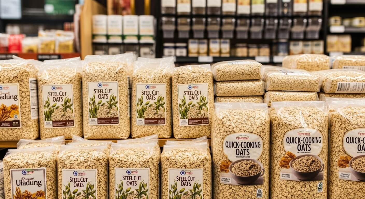 Packages of steel cut oats and quick-cooking oats displayed on a grocery store shelf