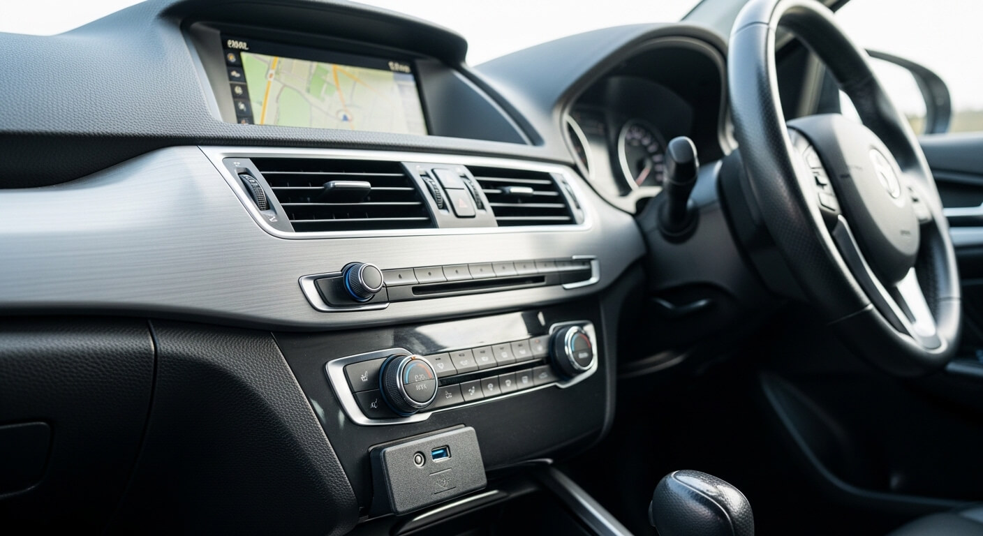 Car interior dashboard with navigation screen, climate control knobs, and a steering wheel on the right side.