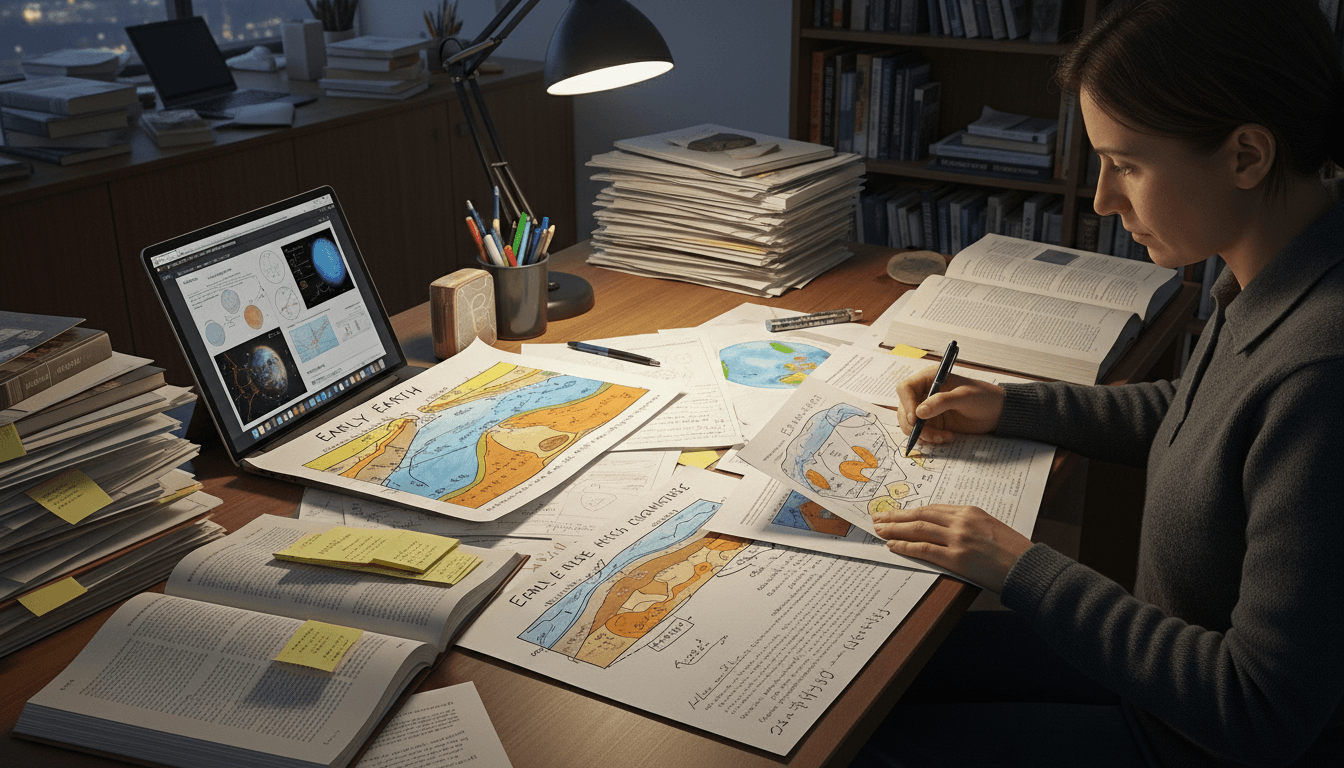 Woman studying geological maps and notes about early Earth at a desk with a laptop and books at night