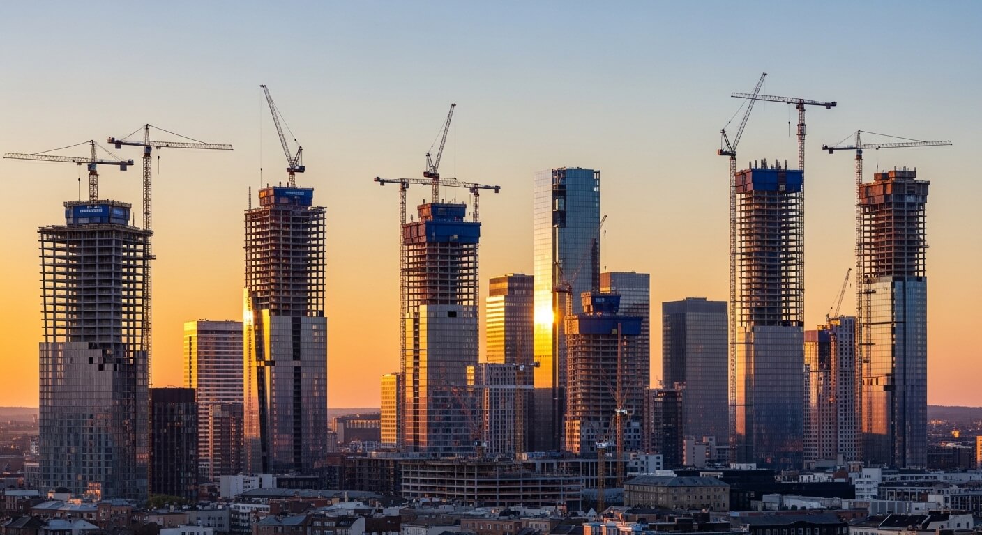 Multiple high-rise buildings under construction with cranes at sunset in a city skyline.
