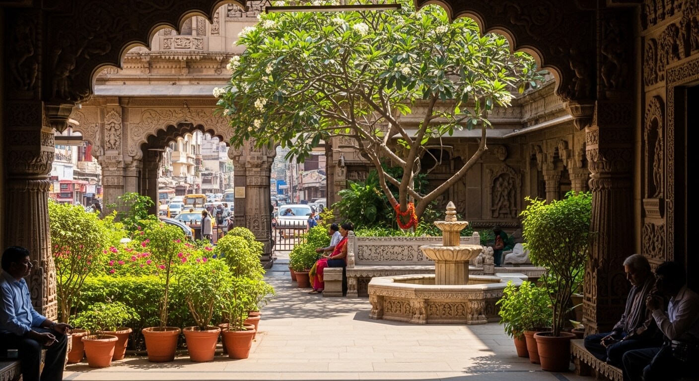 People sitting in a sunlit courtyard with carved stone arches, a central fountain, and potted plants.