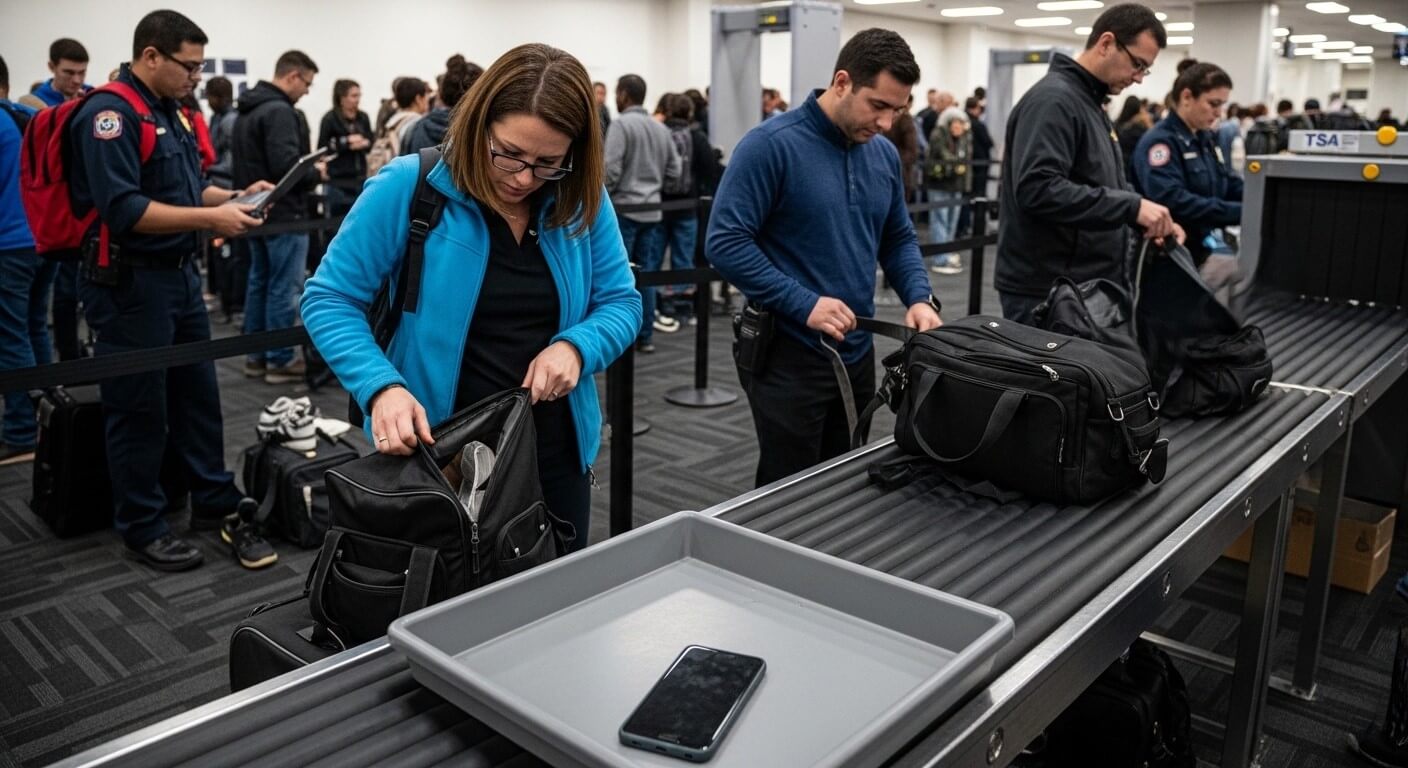 Travelers placing bags on conveyor belt at TSA security checkpoint with phone in plastic bin