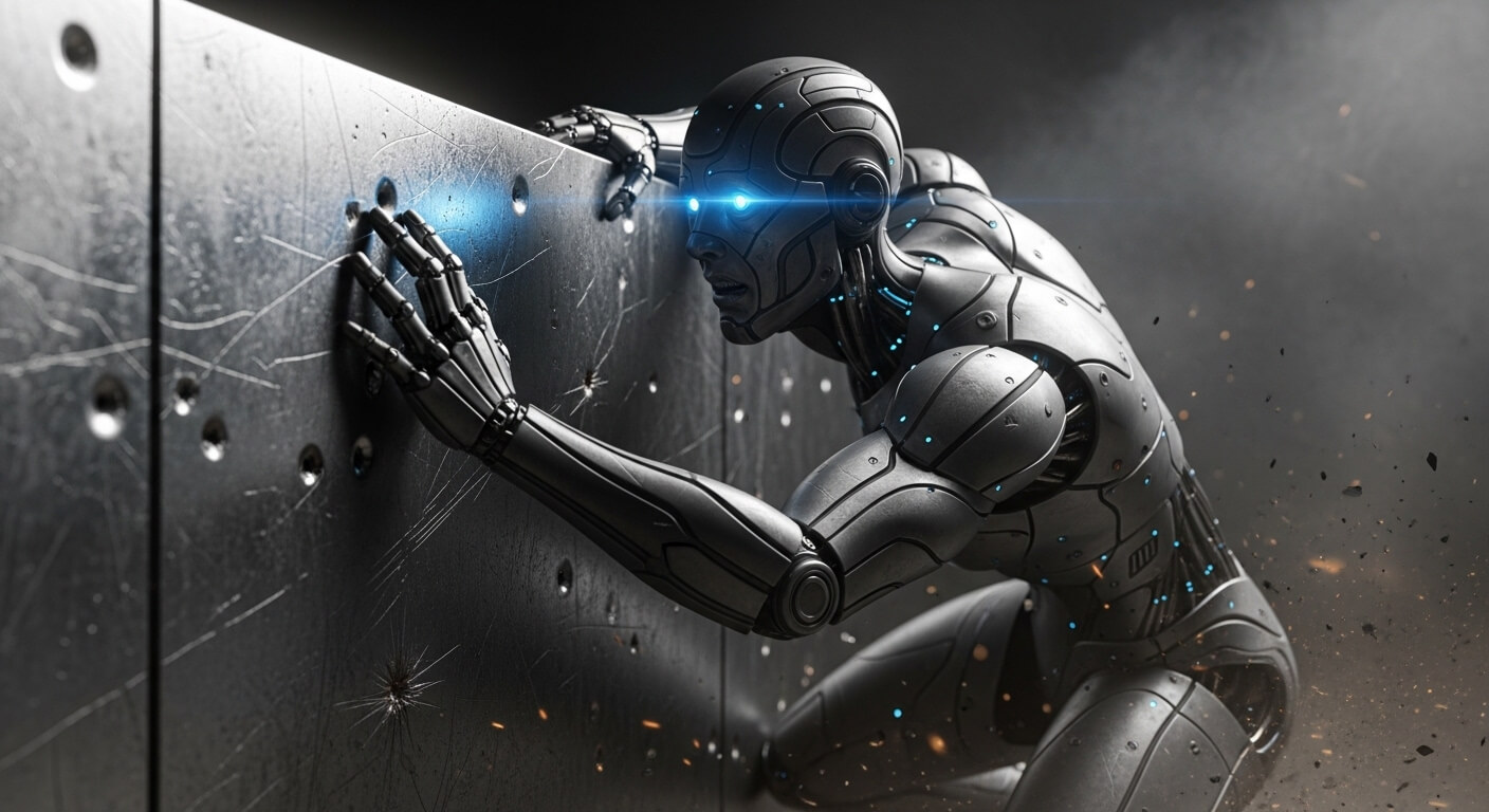 Futuristic humanoid robot with glowing blue eyes leaning against a scratched, bullet-riddled metal wall.