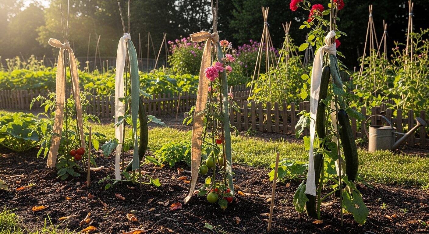 Vegetable garden with tomatoes and zucchinis supported by wooden stakes and tied with fabric ribbons in sunlight.