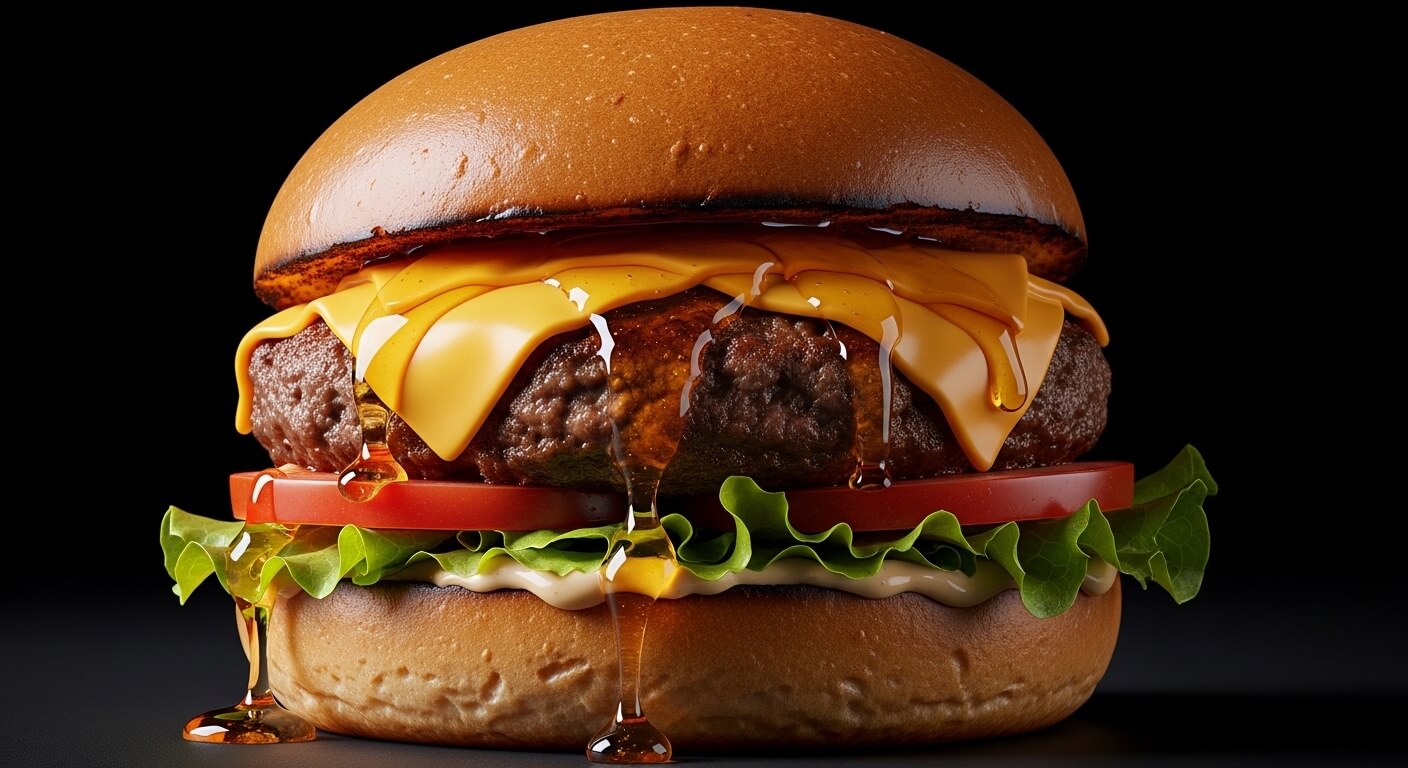 Cheeseburger with lettuce, tomato, melted cheese, and honey dripping on a toasted bun against a black background.