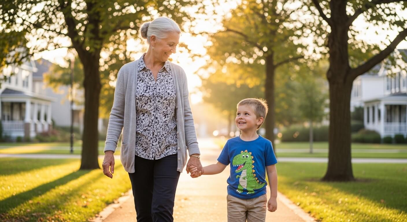 Older woman and young boy holding hands and walking on a sunlit suburban sidewalk at sunset