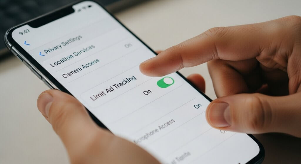 Person enabling "Limit Ad Tracking" in Privacy Settings on a smartphone.