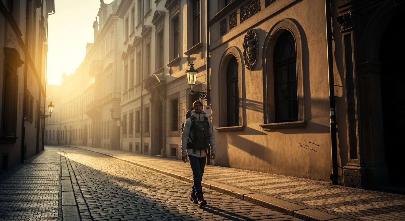 Person with backpack walking on a cobblestone street in warm morning light near historic buildings