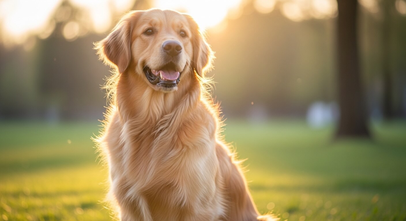 Golden retriever sitting on grass with sunlight glowing behind it in a park setting
