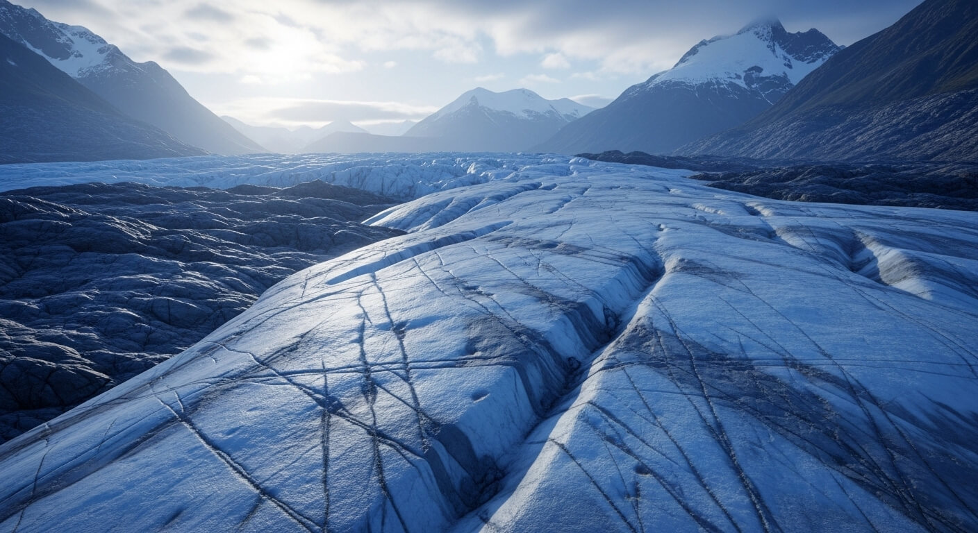 Glacier ice with deep crevices and dark streaks surrounded by snow-capped mountains under a cloudy sky