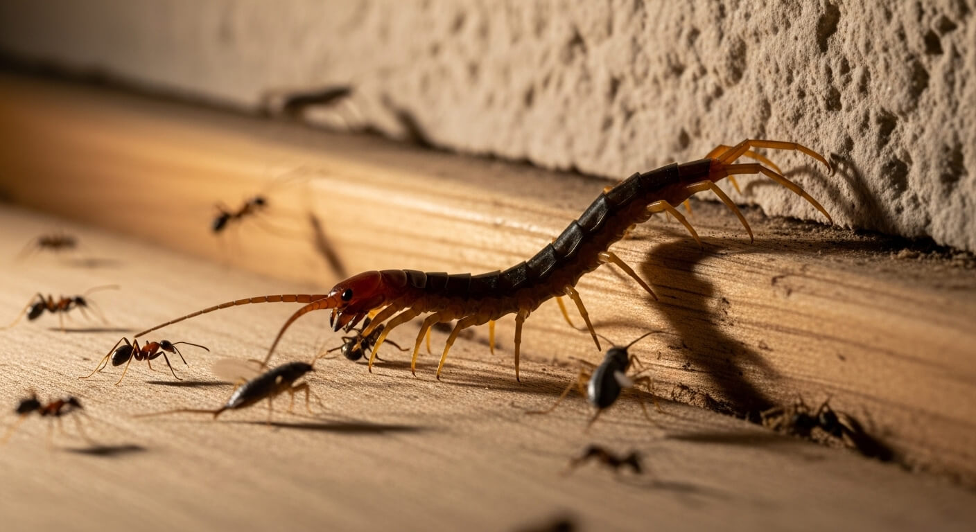 Centipede crawling on wooden floor near wall surrounded by ants and small insects.