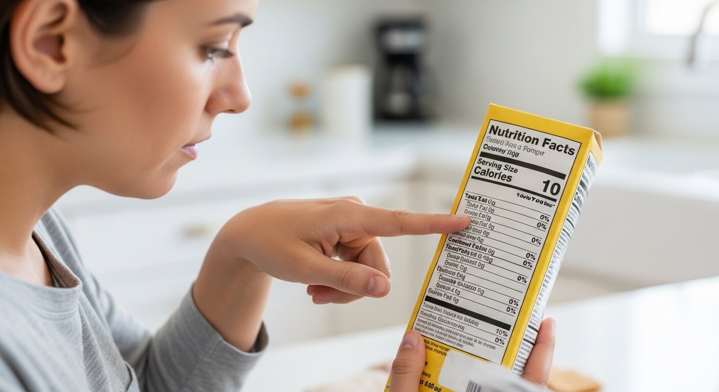 Woman reading nutrition facts on a yellow food package in a kitchen setting