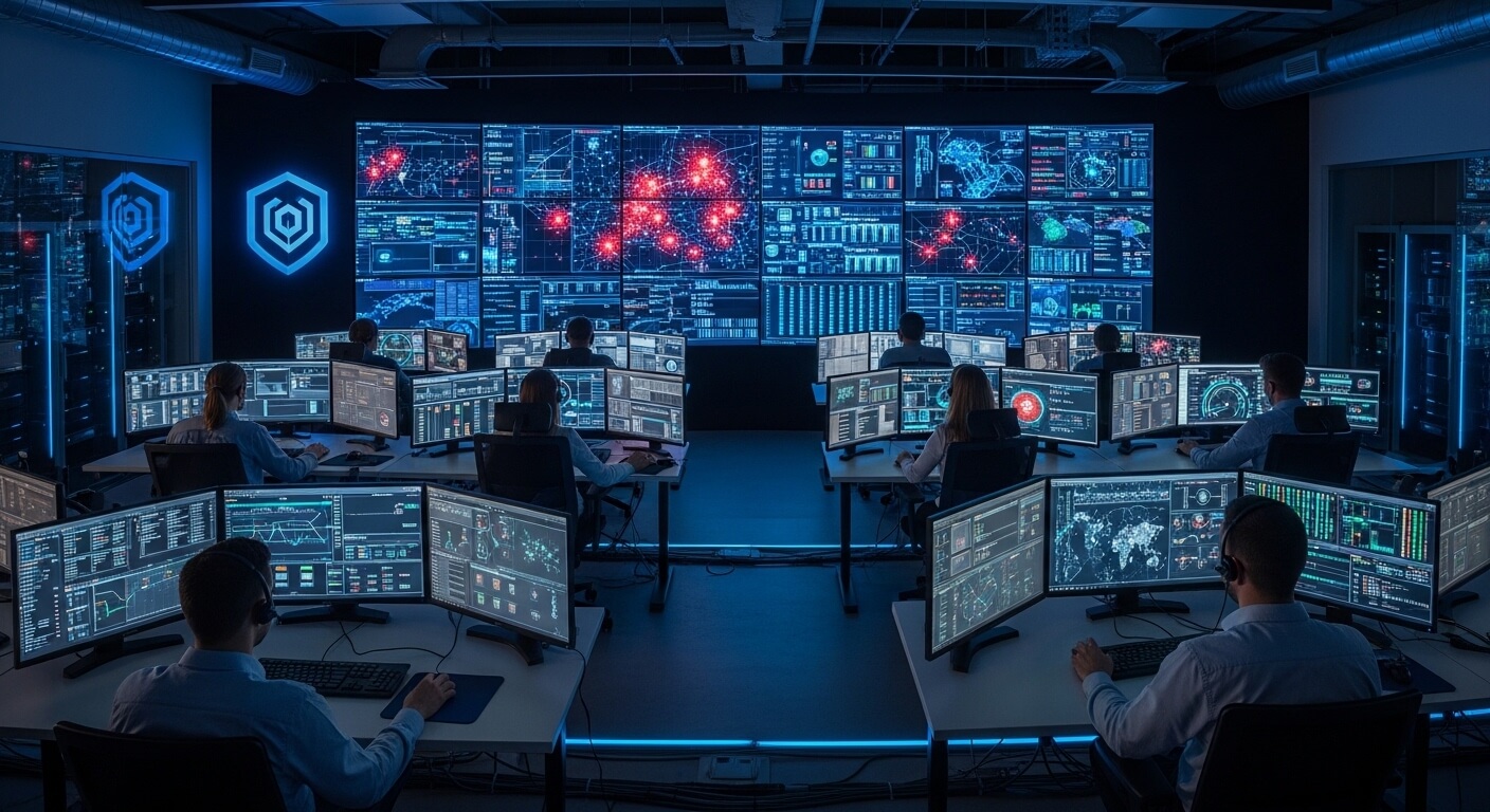 Cybersecurity analysts monitoring global threat maps and data on multiple screens in a dark control room