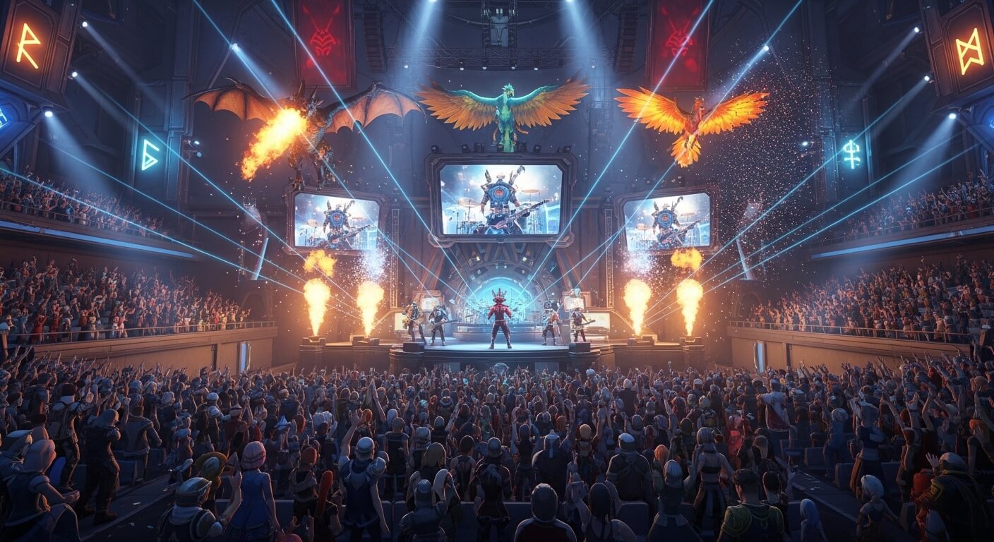 Crowd watching a futuristic rock band performing on stage with pyrotechnics and flying dragon and phoenix holograms.