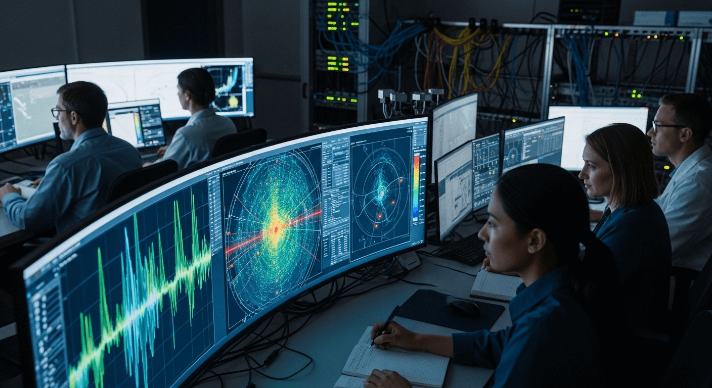 Scientists analyzing data on multiple curved monitors in a dark control room with network equipment.