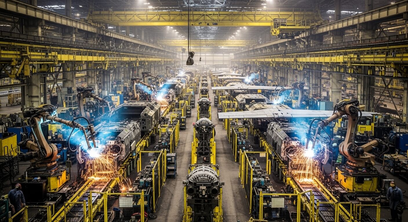 Robotic arms welding aircraft fuselage sections in a large industrial airplane manufacturing plant.