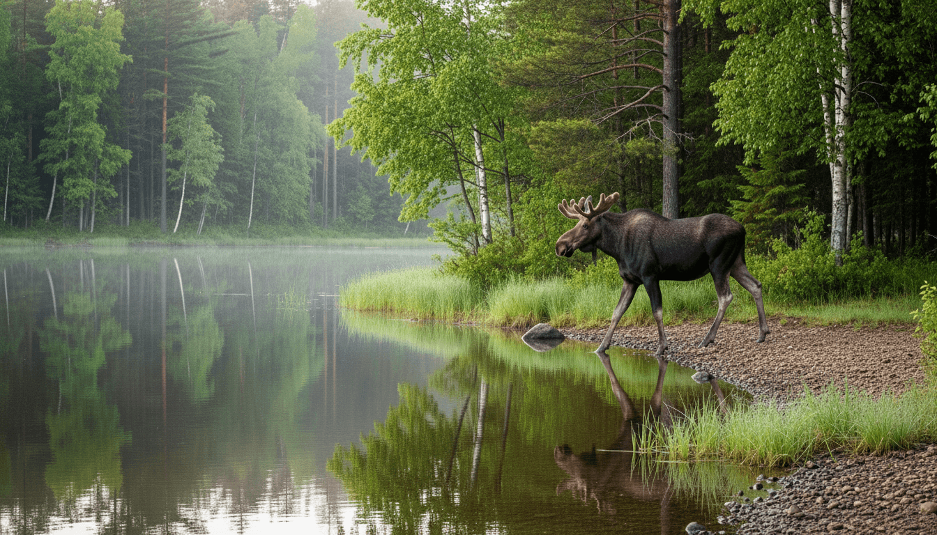 Moose walking along the edge of a calm forest lake with green trees reflected in the water.