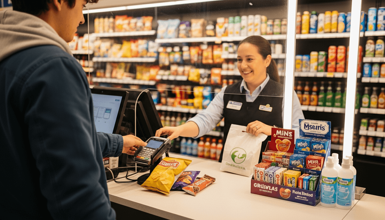 Customer paying with card at grocery store checkout with cashier behind plexiglass and snacks on counter