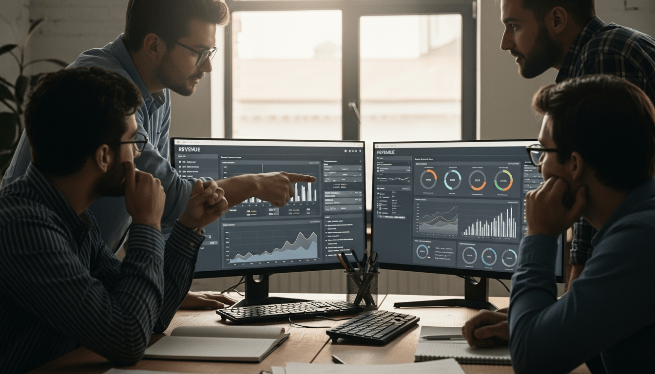 Four men analyzing financial data charts on dual computer monitors in an office setting