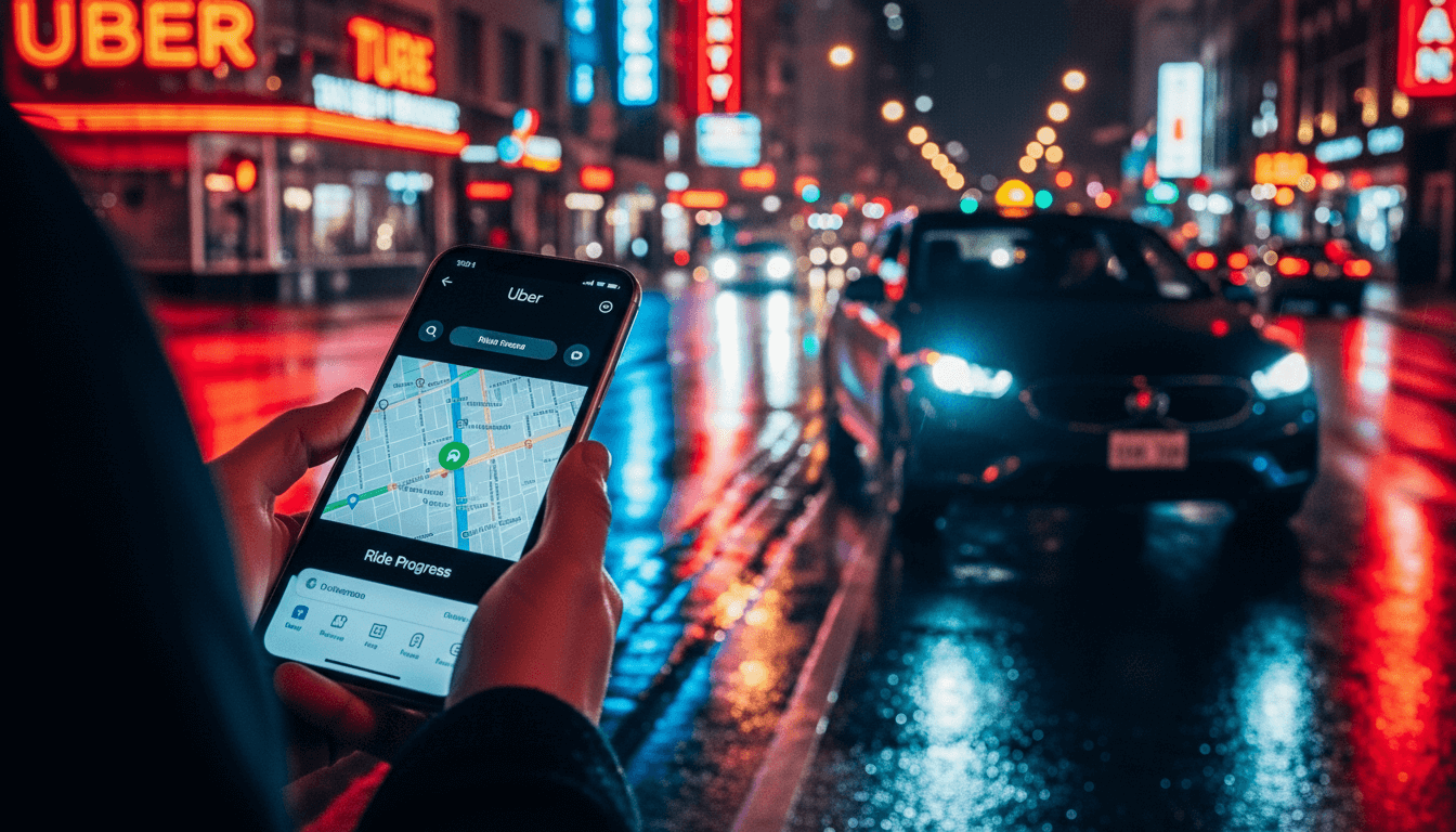Person holding phone with Uber app showing ride progress on a rainy city street at night with approaching car headlights
