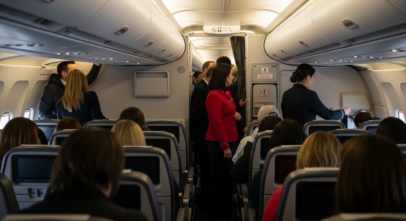 Flight attendants assisting passengers inside an airplane cabin during boarding or service.