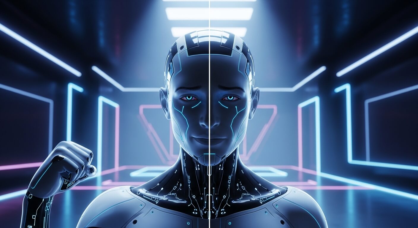 Futuristic humanoid robot with glowing blue circuits flexing arm in neon-lit high-tech corridor.
