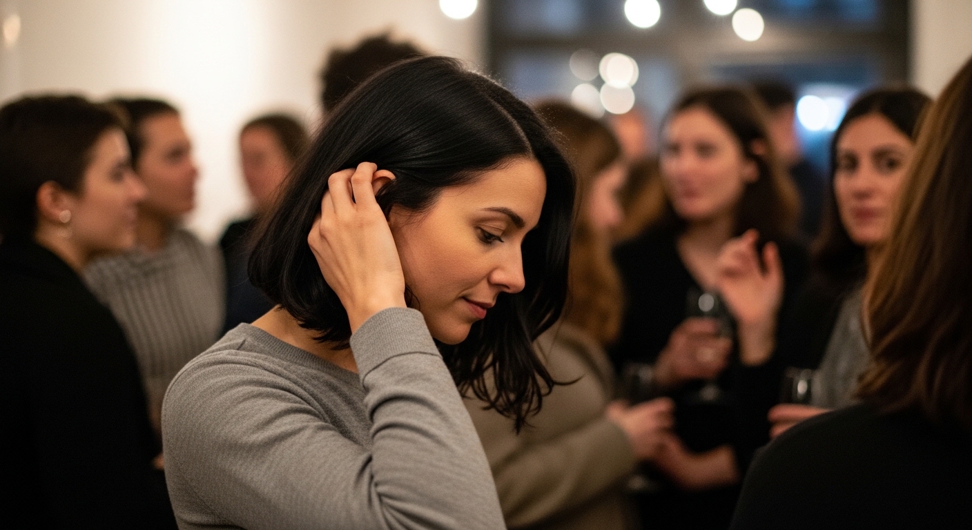 Woman with black hair in gray sweater touching her hair at a social gathering with people talking in the background
