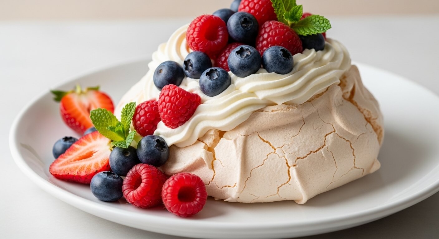 Pavlova dessert topped with whipped cream, blueberries, raspberries, strawberries, and mint leaves on a white plate