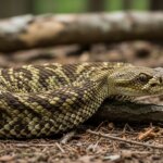 Coiled rattlesnake with patterned scales and rattle on forest floor among twigs and leaves