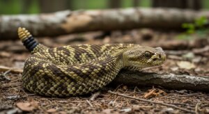 Coiled rattlesnake with patterned scales and rattle on forest floor among twigs and leaves