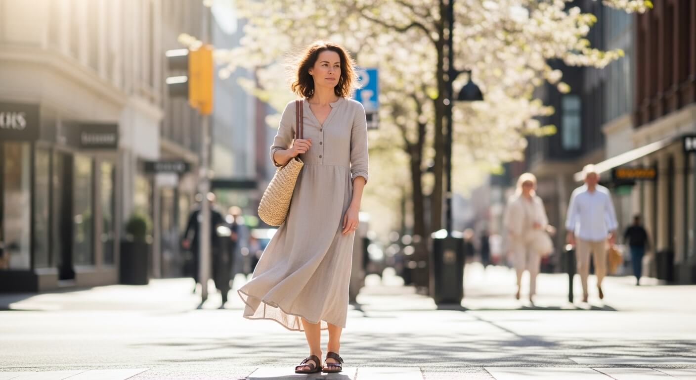 Woman in a beige dress and sandals walking on a sunny city street carrying a woven bag