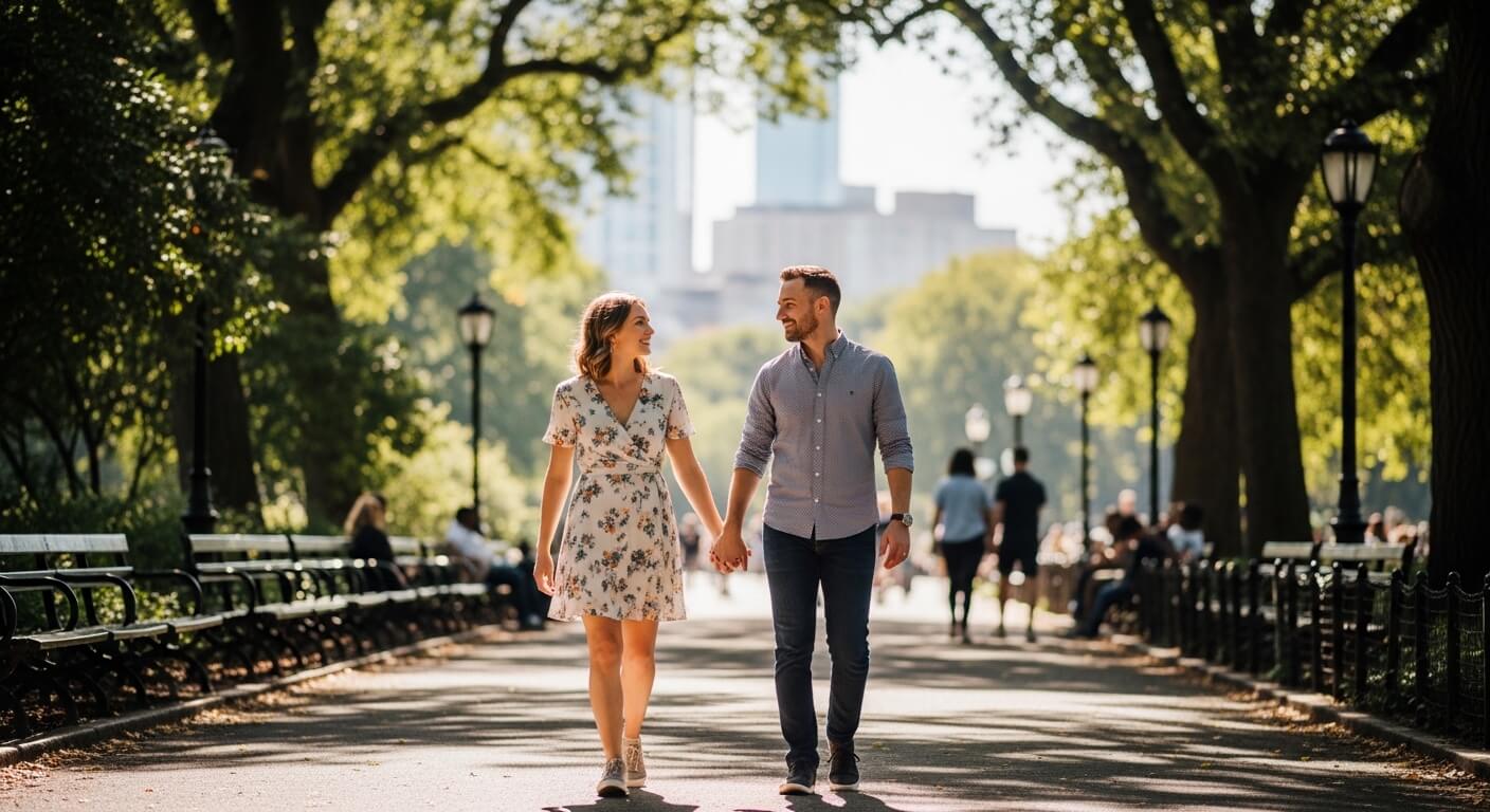 Couple holding hands and walking in a sunlit park pathway lined with benches and trees.