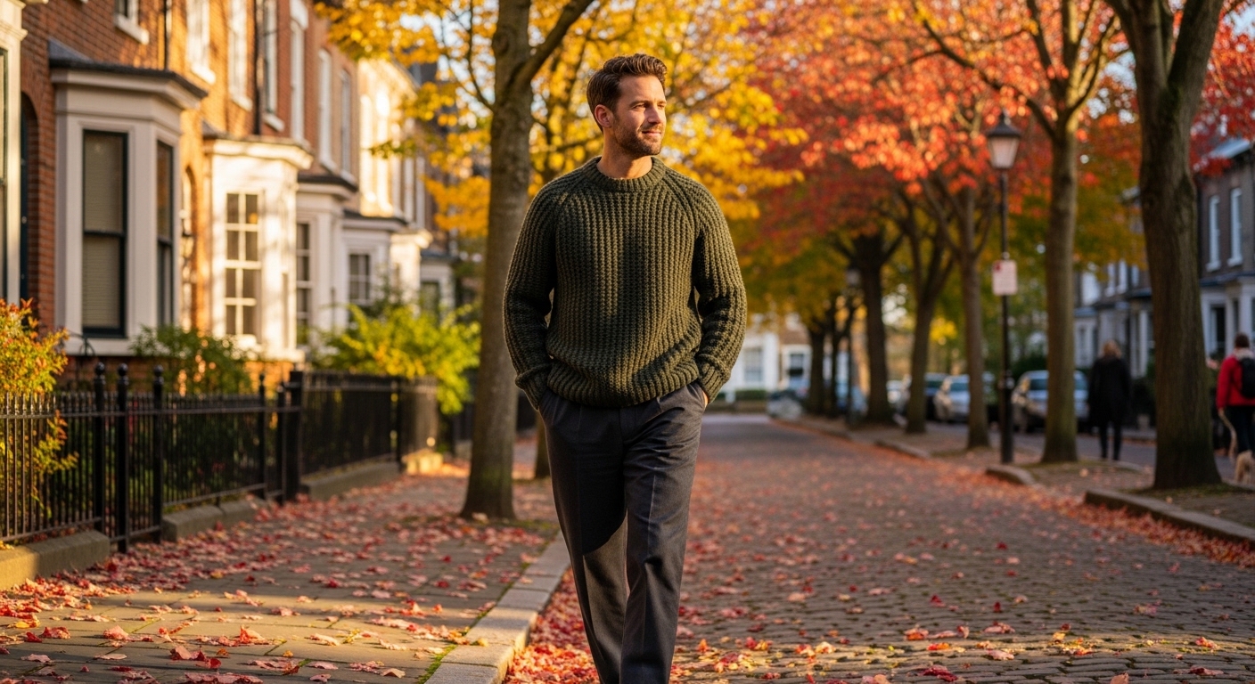 Man in green sweater walking on a leaf-covered street lined with autumn trees and brick houses