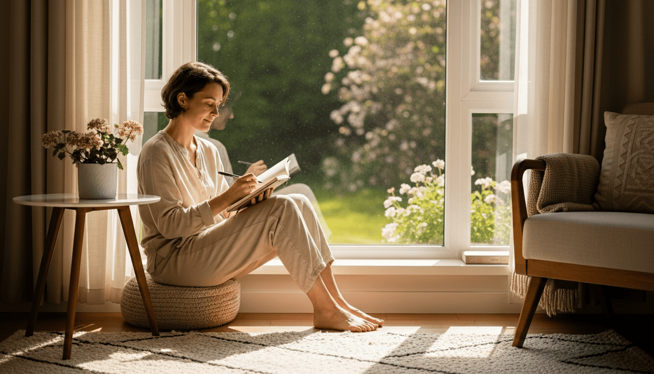Woman in beige loungewear sitting by a window, writing in a notebook with flowers on a side table nearby.