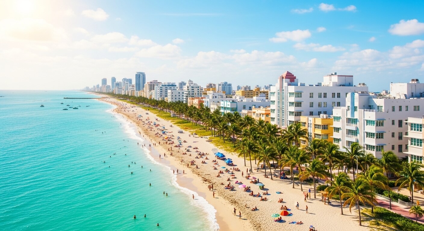 Aerial view of Miami Beach with turquoise water, sandy shore, palm trees, and Art Deco buildings.