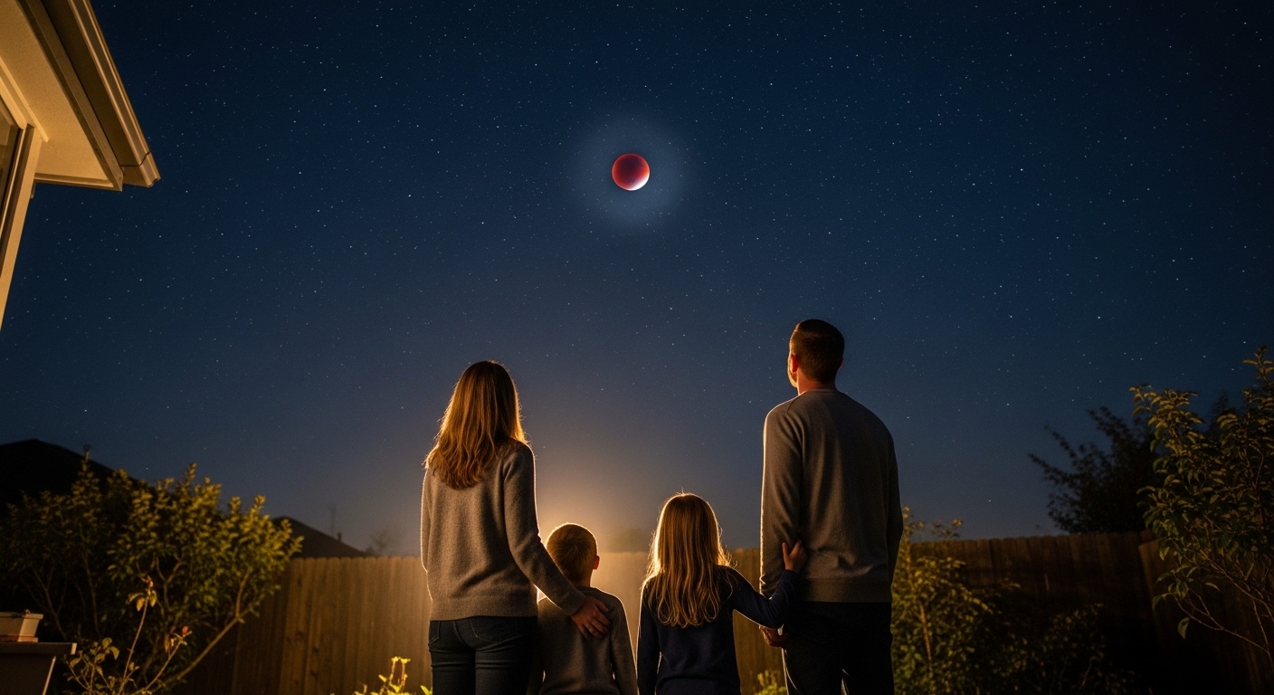 Family of four watching a blood moon eclipse in a starry night sky from their backyard
