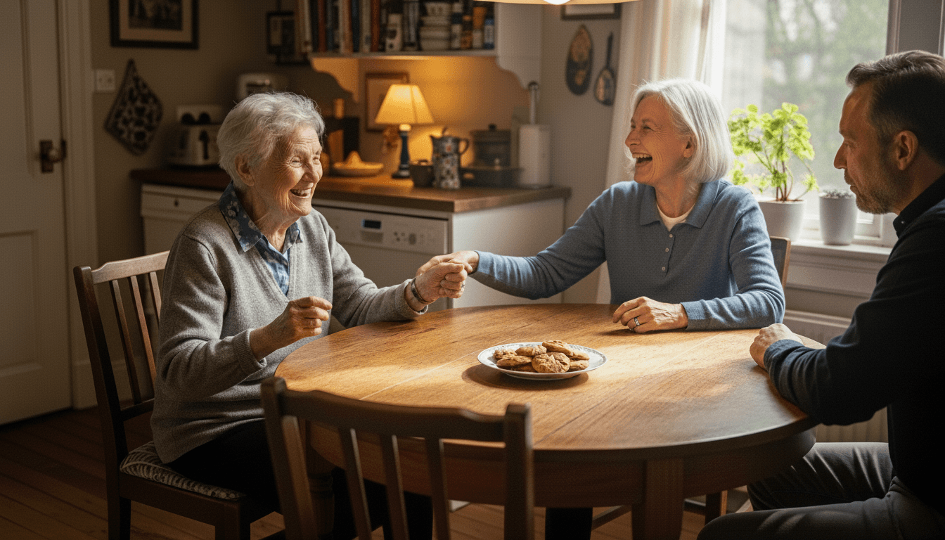 Two elderly women holding hands and laughing at a kitchen table with a man nearby and a plate of cookies.