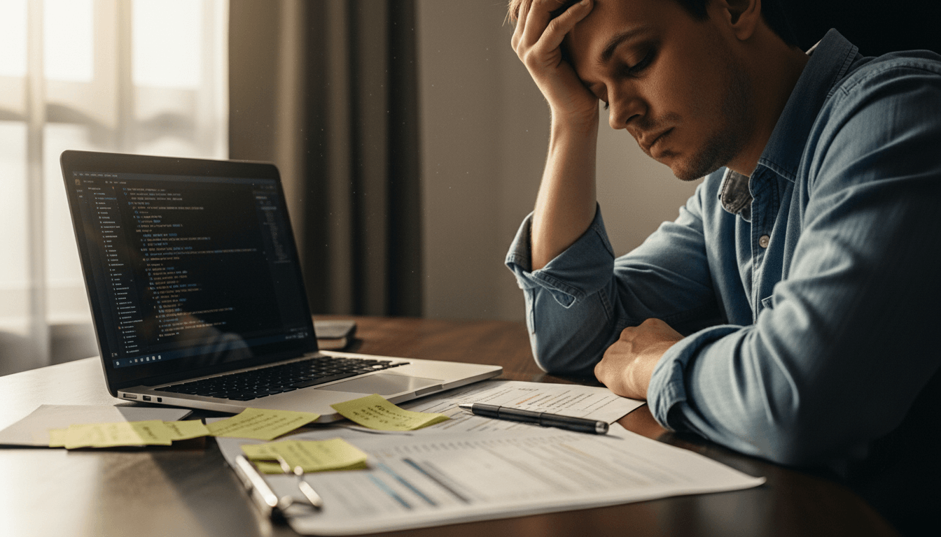 Man in denim shirt looking stressed while working with code on laptop and papers on desk